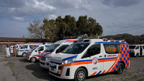 Ambulances park outside a railway station where rescued and injured passenger of a train attacked by insurgents are brought on 12 March, 2025