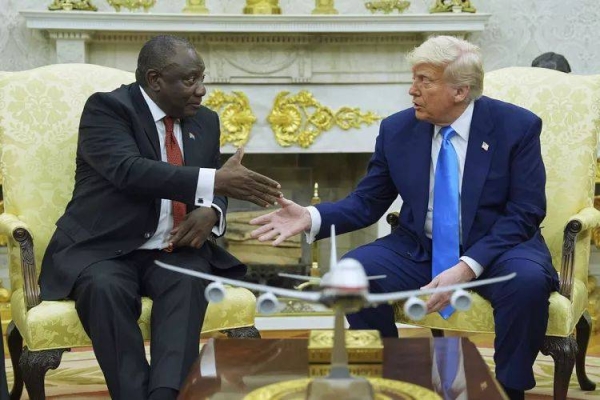 President Donald Trump meets South African President Cyril Ramaphosa in the Oval Office of the White House, Wednesday, May 21, 2025, in Washington