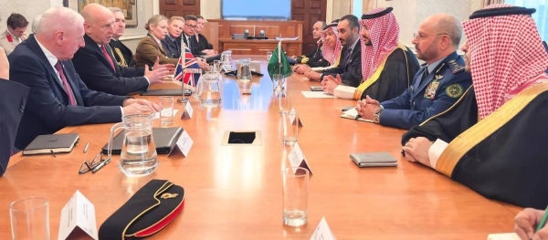 British Secretary of Defense John Healey and Saudi Minister of Defense Prince Khalid bin Salman hold talks at the British Ministry of Defense headquarters in London on Tuesday.