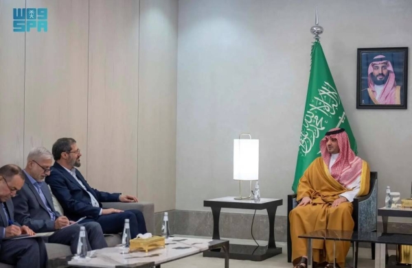 Saudi Minister of Interior Prince Abdulaziz bin Saud bin Naif holds talks with Alireza Bayat, head of the Hajj and Pilgrimage Organization of Iran, in Jeddah on Wednesday.