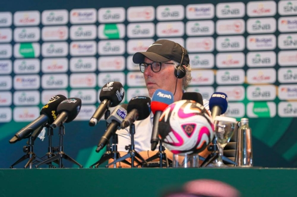 Al Ittihad head coach Laurent Blanc speaking at the pre-match press conference in Jeddah on Thursday.
