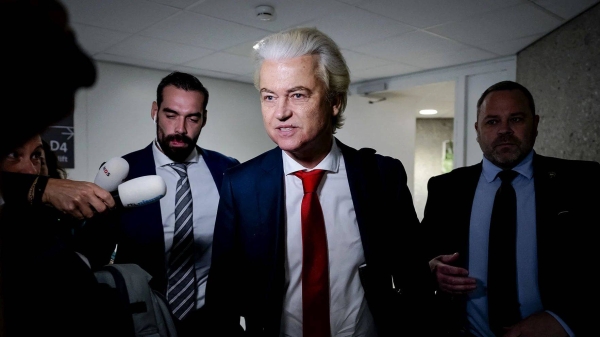 Geert Wilders speak with reporters in The Hague on June 3 as he withdraws his party from the Netherlands' governing coalition
