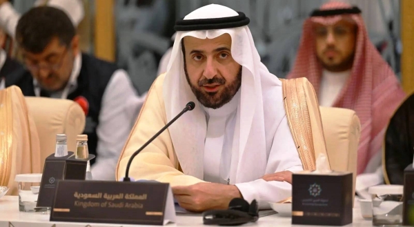 Minister of Hajj and Umrah Tawfiq Al-Rabiah speaks at the 49th Grand Hajj Symposium in Jeddah on Sunday.
