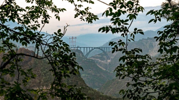 This photograph taken on July 6, 2024, shows a general view of Chenab bridge, the world's highest rail arch bridge in India-administered Jammu and Kashmir