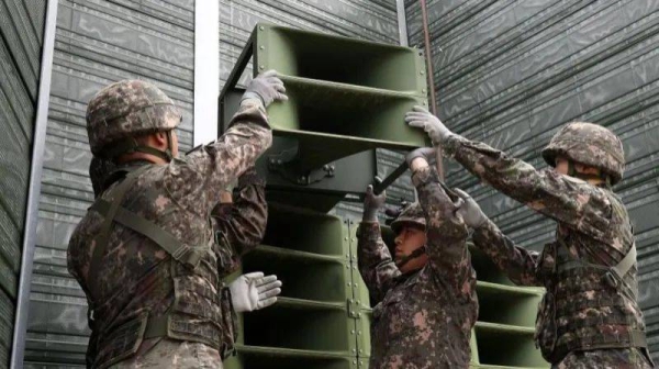 The speakers, seen in this file photo, broadcast propaganda across the border