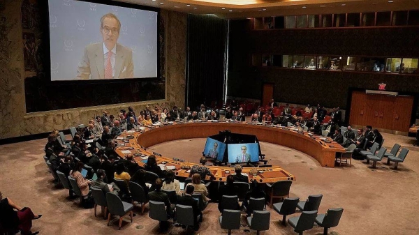 Rafael Mariano Grossi, the Director General of the International Agency for Atomic Energy, addresses a United Nations Security Council meeting, Friday, June 20, 2025