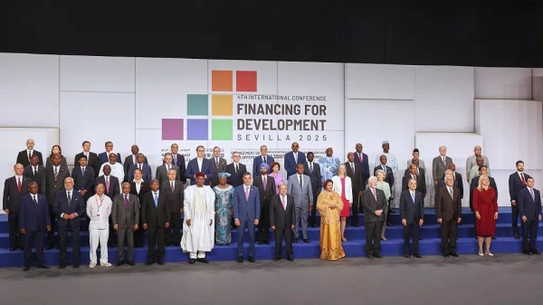 Spain's Prime Minister Pedro Sánchez, centre, at the start of the four-day Financing for Development meeting in Seville, 30 June, 2025
