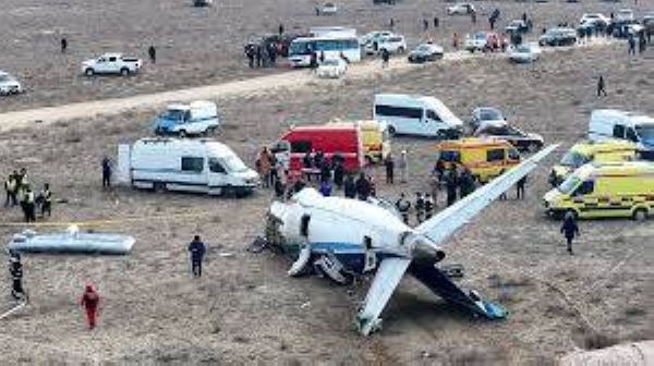 The wreckage of Azerbaijan Airlines Embraer 190 lays on the ground near the airport of Aktau, Kazakhstan