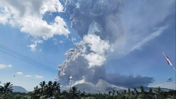 Mount Lewotobi Laki-Laki spews volcanic materials into the air during an eruption, in Indonesia