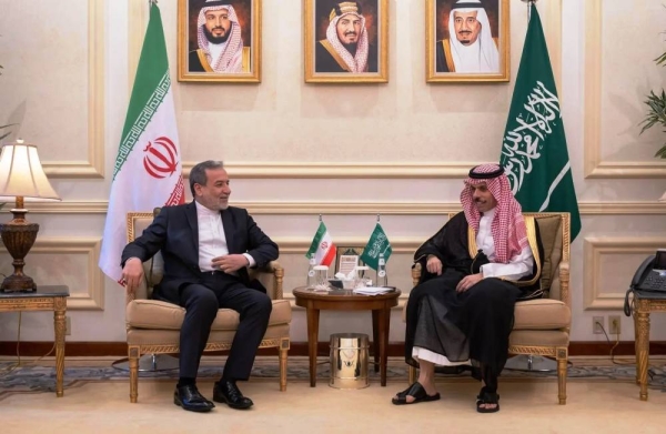 Saudi Minister of Foreign Affairs Prince Faisal bin Farhan holds talks with his Iranian counterpart Abbas Araghchi at the ministry's office in the Makkah region on Tuesday.