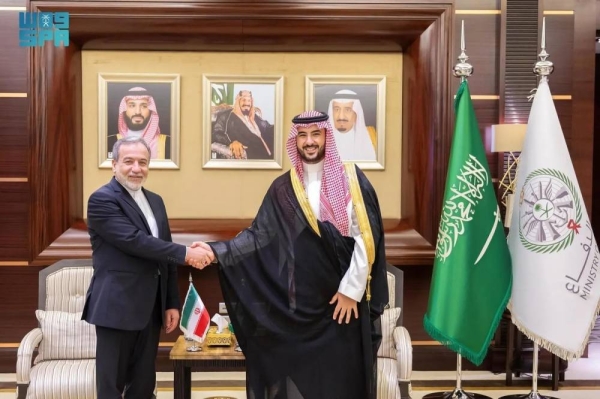 Saudi Minister of Defense Prince Khalid bin Salman receives Iranian Foreign Minister Dr. Abbas Araghchi in Jeddah on Tuesday.