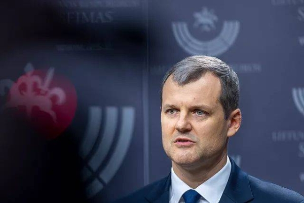 Lithuania's Prime Minister Gintautas Paluckas speaks to the media
