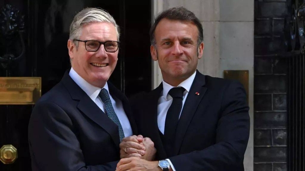 French President Emmanuel Macron meets Britain's Prime Minister Keir Starmer at 10 Downing Street in London, Thursday, July 10, 2025 for a UK-France summit