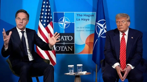 US President Donald Trump meets NATO Secretary General Mark Rutte at the NATO summit in The Hague, Netherlands, Wednesday, June 25, 2025