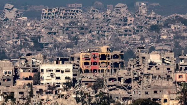 This picture taken from the Israeli side of the border with Gaza shows destroyed buildings in the north of the territory in January 2025