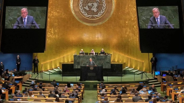 UN Secretary General Antonio Guterres addresses the United Nations General Assembly, Monday, July 28, 2025.