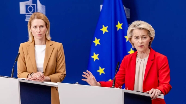 European Commission President Ursula von der Leyen, right, and European Union foreign policy chief Kaja Kallas address the media at EU headquarters in Brussels -