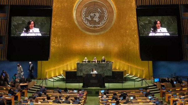 Canada Foreign Minister Anita Anand addresses the United Nations General Assembly, Monday, July 28, 2025