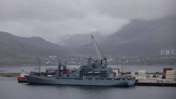 A German navy ship pictured docking in Greenland - a semi-autonomous territory of the Kingdom of Denmark