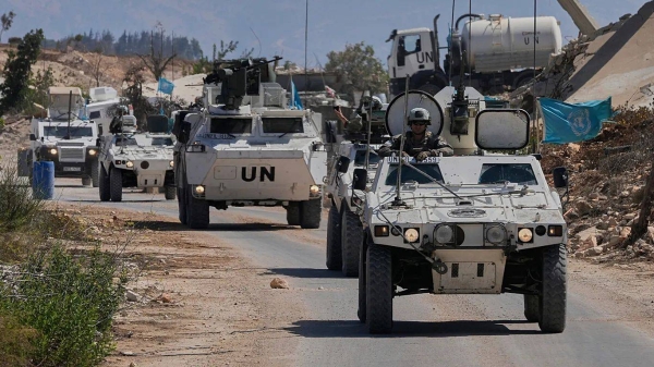 French U.N. peacekeepers patrol the Lebanese-Israeli border in the village of Houla, southern Lebanon, Wednesday, Aug. 20, 2025