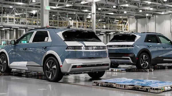 Vehicles at the Hyundai Metaplant electric vehicle manufacturing facility in Ellabell, Georgia