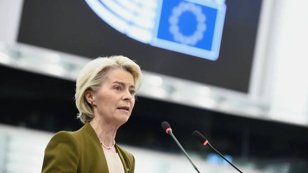 European Commission President Ursula von der Leyen gestures as she delivers a major state of the union speech at the European Parliament in Strasbourg, eastern France, Wednesday