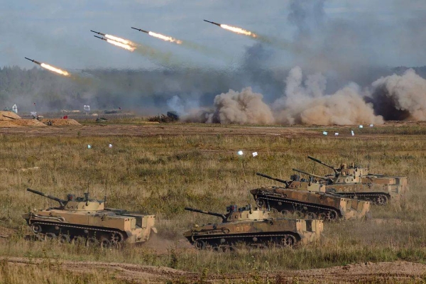 This photo released by the Russian Defense Ministry Press Service shows a joint strategic exercise of the Russian Federation and the Republic of Belarus Zapad-2021