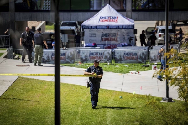 Law enforcement tapes off an area on the Utah Valley University campus on Wednesday, in Orem, Utah