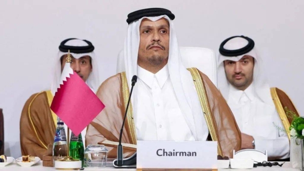 Qatari Prime Minister Mohammed bin Abdulrahman bin Jassim al-Thani (centre) attends a preparatory meeting for emergency Arab-Islamic summit in Doha