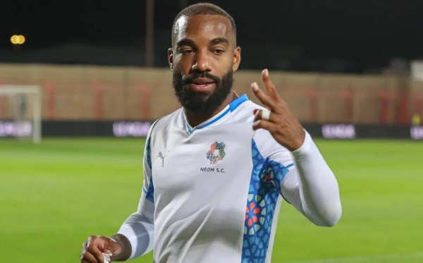 Alexandre Lacazette off the mark in the Saudi Pro League, netting both goals in NEOM SC's debut win. (SPL)