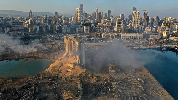 A drone picture shows the destruction after an explosion at the seaport of Beirut, 5 August, 2020