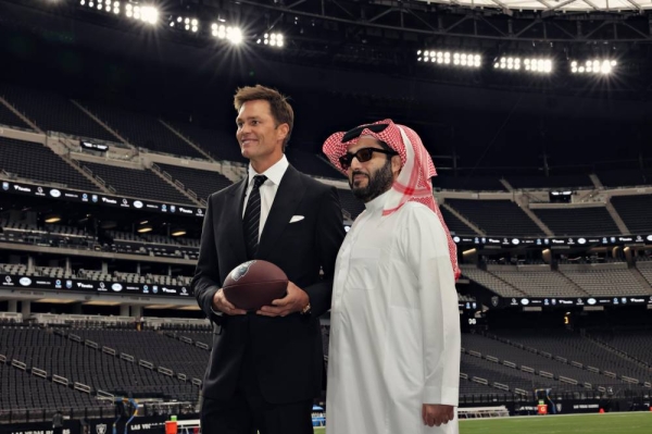Tom Brady and Turki Alalshikh after announcing the inaugural Fanatics Flag Football Classic at Riyadh Season 2026.