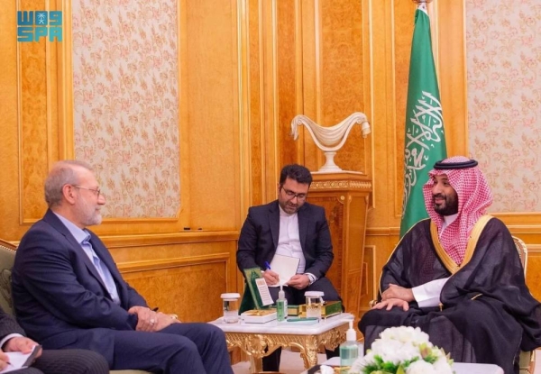 Crown Prince and Prime Minister Mohammed bin Salman meets Secretary General of the Iranian Supreme National Security Council Ali Larijani in Riyadh on Tuesday.
