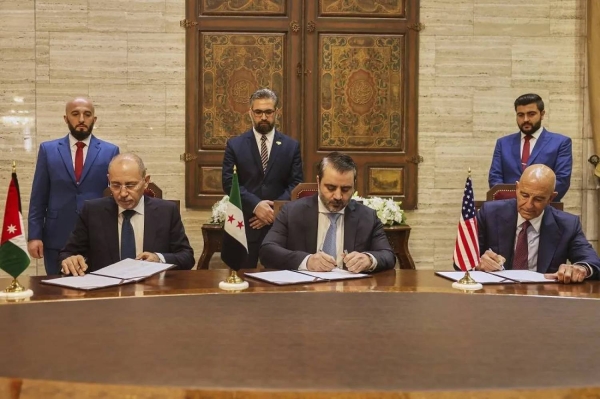 Syrian Foreign Minister Asaad al-Shaibani, Jordanian Foreign Minister Ayman Safadi and 
US Ambassador to Türkiye and Special Envoy to Syria Tom Barrack sign a roadmap in Damascus on Tuesday to restore security and peace in the southern Syrian governorate of Suwayda.