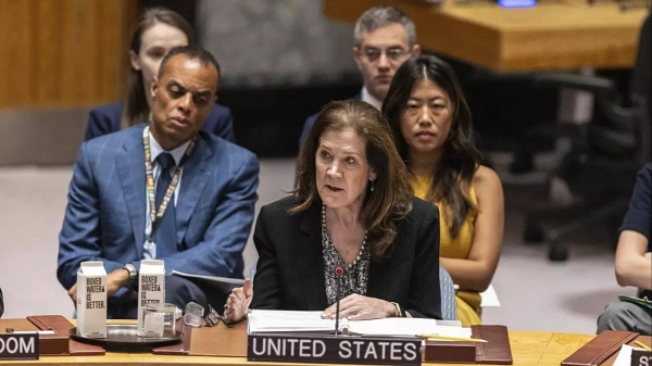 Ambassador Dorothy Shea of the United States speaks at a United Nations Security Council meeting on the situation in the Middle East at United Nations Headquarters on Sunday,