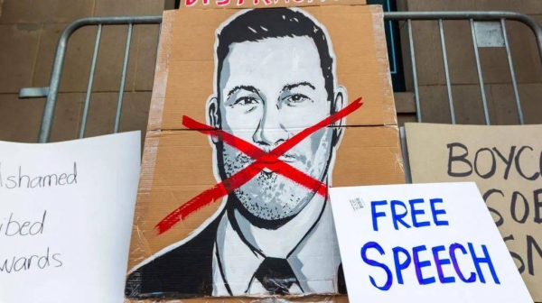 Placards supporting Jimmy Kimmel have been left outside his studio in Los Angeles