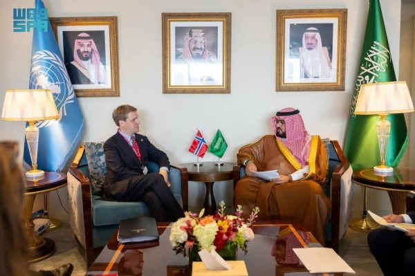 Saudi Minister of Economy and Planning Faisal Al-Ibrahim meets with Norwegian Minister of International Development Asmund Grover Aukrust in New York on Wednesday.