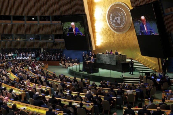 A general view as U.S. President Donald Trump speaks during the 80th session of the UN’s General Assembly (UNGA) at the United Nations headquarters on September 23, 2025 in New York City
