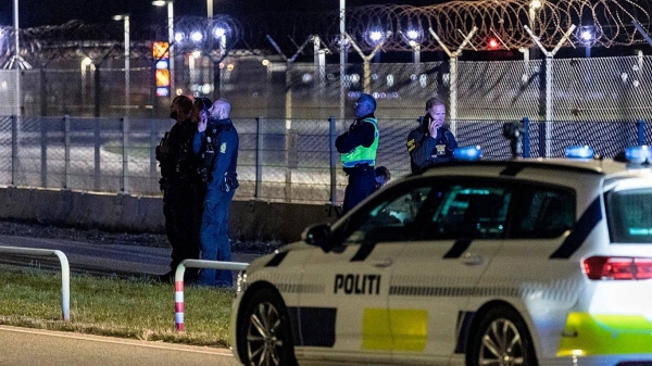Danish police patrol at Copenhagen Airport, Denmark, Monday Sept. 22, 2025