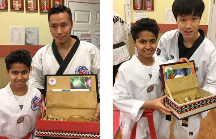 Fahad Ahmed Alaryani presents gifts to his taekwondo coaches on the occasion of winning the red belt.